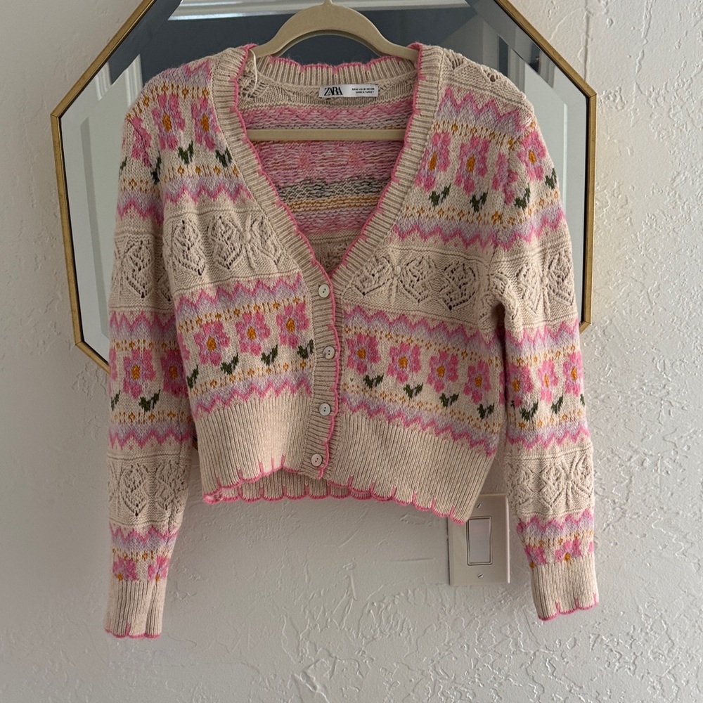 Zara Cream and Pink Floral Cardigan